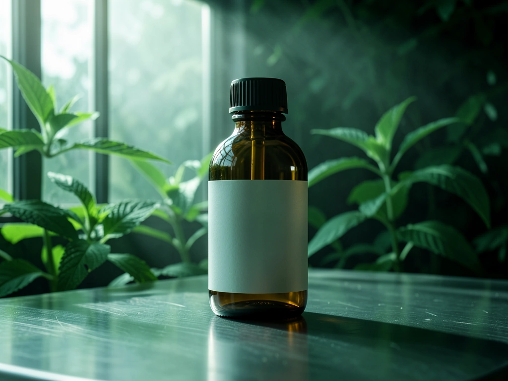 Premium botanical supplement vial in a laboratory setting
