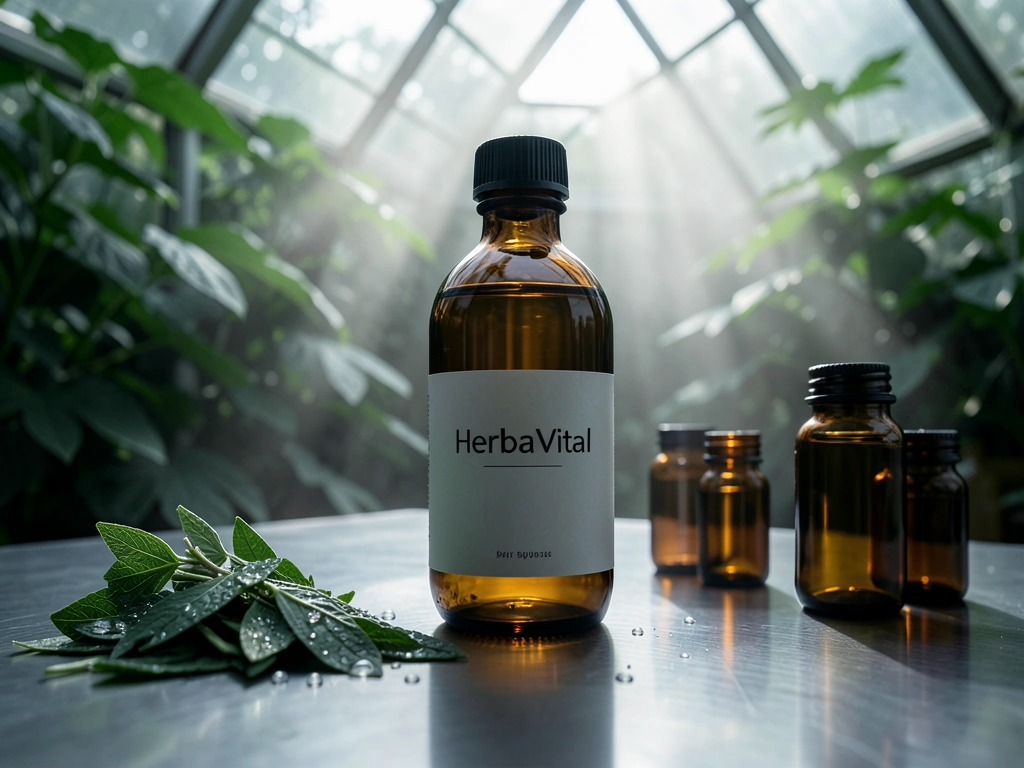 HerbaVital premium extract bottle in a botanical laboratory setting